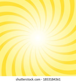 Sunlight swirl rays background.  yellow spiral burst wallpaper. Vector illustration. Sun beam ray sunburst poster. Retro circus or carnival placard