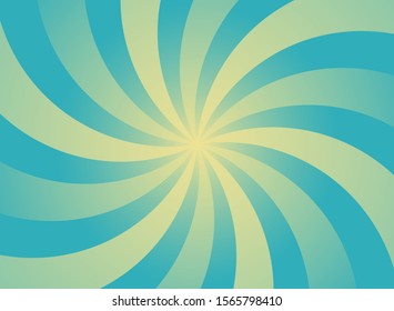 Sunlight swirl rays wide background.  blue and yellow spiral burst wallpaper. Vector illustration. Sun beam ray sunburst poster. Retro circus or carnival placard
