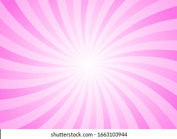 Sunlight swirl rays wide background.  pink spiral burst wallpaper. Vector illustration. Sun beam ray sunburst poster. Retro circus or carnival placard