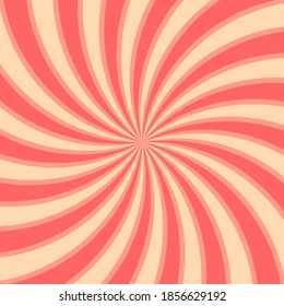 Sunlight swirl rays wide background. peach and  pink spiral burst wallpaper. Vector candy cany illustration. Sun beam ray sunburst poster. Circus or carnival placard