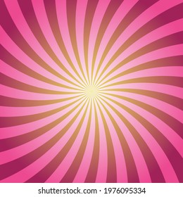 Sunlight swirl rays wide background.  pink spiral burst wallpaper. Vector illustration. Sun beam ray sunburst poster. Retro circus or carnival placard