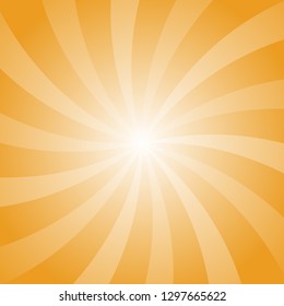 Sunlight swirling background. Bright orange color burst background. Vector illustration. Sun beam ray sunburst pattern background. Retro bright backdrop.