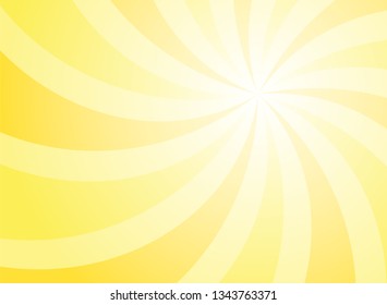 Sunlight swirling wide background. Bright yellow color burst background. Vector illustration. Sun beam ray sunburst pattern background. Retro bright backdrop.