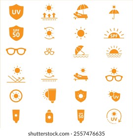 Sunlight and Ultraviolet Rays Vector Icon Set. UV vector illustration icons
