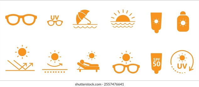 Sunlight and Ultraviolet Rays Vector Icon Set. UV vector illustration icons
