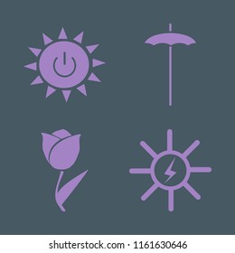 sunlight vector icons set. with beach umbrella, solar energy, solar power and tulip in set