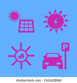 sunlight vector icons set. with parked car, solar panel, sun leaves and solar energy in set