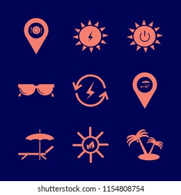 sunlight vector icons set. with solar power, beach location, solar energy and renewable energy in set