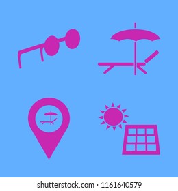 sunlight vector icons set. with solar panel, beach location, sunglasses and chaise lounge umbrella in set