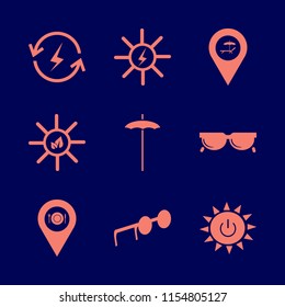 sunlight vector icons set. with sunglasses, sun leaves, beach umbrella and location restaurant in set