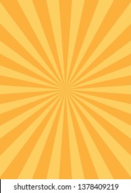 Sunlight vertical abstract background. Orange and gold color burst background. Vector illustration. Sun beam ray sunburst pattern background. Retro bright backdrop.