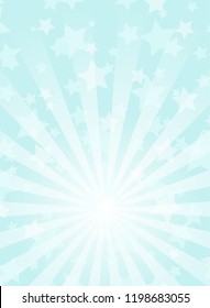 Sunlight vertical background. Powder blue color burst background with shining stars. Vector illustration. Sun beam ray sunburst pattern backdrop. Magic bright poster, placard 