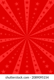 Sunlight vertical background. Red color burst background with shining stars. Vector illustration. Sun beam ray sunburst pattern backdrop. Magic, festival, circus poster