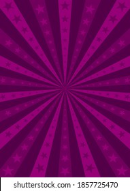 Sunlight vertical background. Violet and purple color burst background with shining stars. Vector illustration. Sun beam ray sunburst pattern backdrop. Magic, festival, circus holiday poster