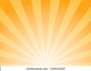 Sunlight wide abstract background. Bright orange color burst background. Vector illustration. Sun beam ray sunburst pattern background. Retro  backdrop. starburst wallpaper. Down, bottom burst center