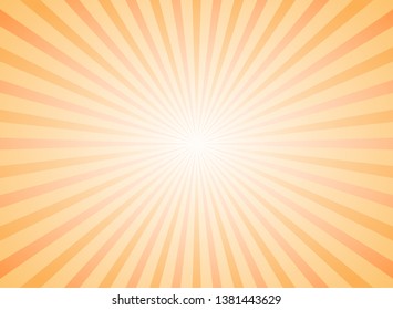 Sunlight wide abstract background. Bright orange color burst background. Vector illustration. Sun beam ray sunburst pattern background. Retro  backdrop. starburst wallpaper. Down, bottom burst center