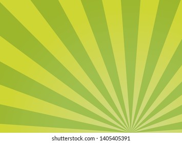 Sunlight wide abstract background. Green color burst background. Vector illustration. Sun beam ray sunburst pattern background. Summer day bright backdrop. 