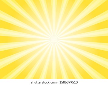 Sunlight wide background. Yellow and white color burst horizontal background. Vector illustration. Sun beam ray sunburst pattern background. Retro bright backdrop. Sunny poster or placard