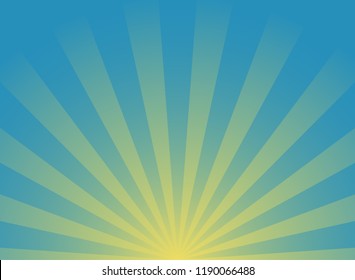 Sunlight wide horizontal background. Blue color burst background with yellow highlight. Fantasy Vector illustration. Magic Sun beam ray sunburst pattern background. Retro circus bright backdrop.