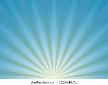 Sunlight wide horizontal background. Blue color burst background with yellow highlight. Fantasy Vector illustration. Magic Sun beam ray sunburst pattern background. Retro circus bright backdrop.