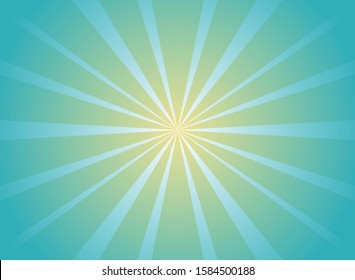 Sunlight wide horizontal background. Blue color burst background with yellow highlight. Fantasy Vector illustration. Magic Sun beam ray sunburst pattern background. Retro circus bright backdrop.