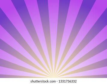 Sunlight wide horizontal background. Purple and yellow color burst background. Fantasy Vector illustration. Magic Sun beam ray sunburst pattern background. Retro circus bright backdrop.
