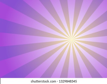 Sunlight wide horizontal background. Violet and purple color burst background. Fantasy Vector illustration. Magic Sun beam ray sunburst pattern background. Retro circus bright backdrop.