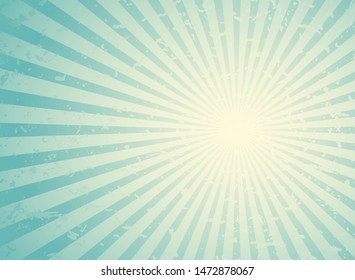 Sunlight wide retro faded grunge background. blue and beige color burst background. Vector horizontal illustration. Sun beam ray background. Old speckled paper with particles of debris. vintage poste 