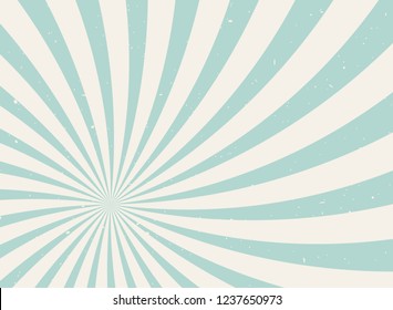 Sunlight wide spiral grunge background. green and beige retro background. Vector horizontal illustration. Sun beam ray background. Old speckled paper with particles of debris. vintage circus poster