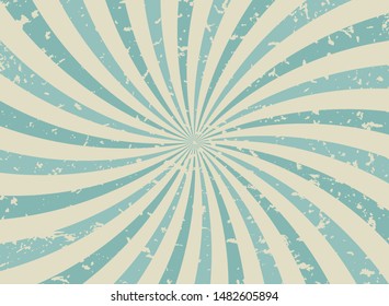 Sunlight wide spiral grunge background. green and beige retro background. Vector horizontal illustration. Sun beam ray background. Old speckled paper with particles of debris. vintage circus poster