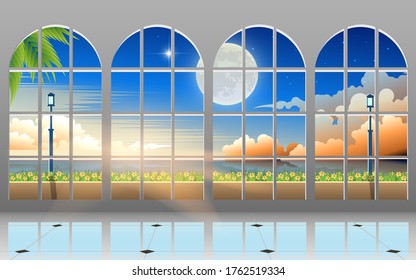 Sonnenlicht an den Fenstern des Bungalows am Strand im Sommer