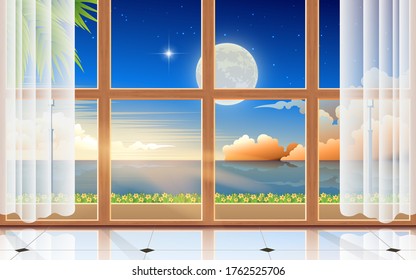 sunlight at windows of the bungalow on the in the morning on the beach in the summer