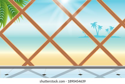 sunlight at wooden windows of the bungalow on the beach in the summer