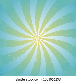 Sunlightspiral grunge background. powder blue and yellow retro background. Vector horizontal illustration. Sun beam ray background. Old speckled paper with particles of debris. vintage circus poster