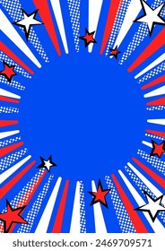 A sun-like background design illustration with text space and stars arranged in a red, blue, and white radial pattern.