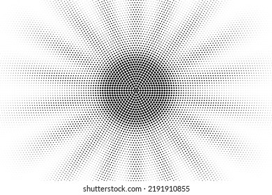 Sun-like halftone radial gradient consisting of circles, vector dots pattern.