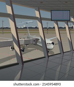 Sunlit airport, view from the terminal to the plane. Vector.