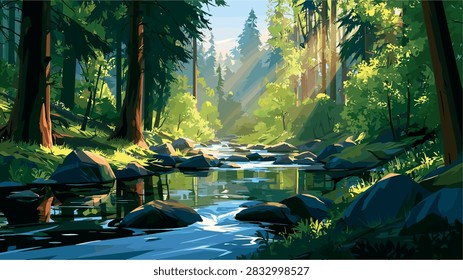 Sunlit Forest River with Green Trees and Rocks Illustration