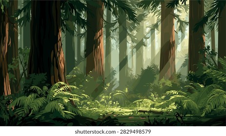 Sunlit Forest with Tall Trees and Lush Ferns Illustration