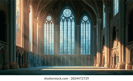 Sunlit Gothic Cathedral Interior with Arches and Windows Vector