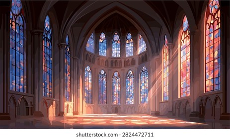 Sunlit Gothic Cathedral Interior with Stained Glass