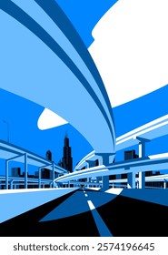 Sunlit highway overpass road bridges and city skyline in flat style in white, black and blue colors. Modern urban life conceptual vector illustration