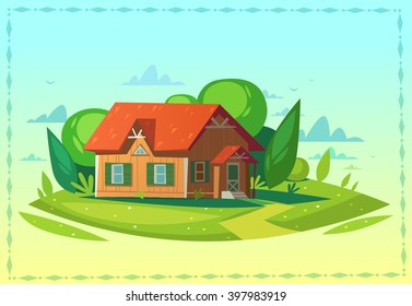 Sunlit house. Poster / card / background. Vector illustration
