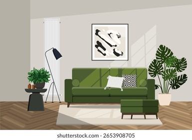 Sala de estar iluminada com sofá verde, pufe, radiador de parede e mesa com planta, difusor de aroma, vela. Ilustração vetorial.