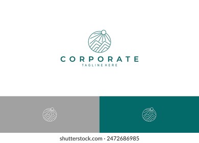 sunlit mountain nature logo inside circle frame shape in line art design style