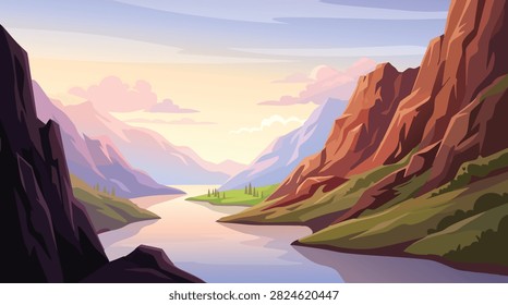 Sunlit Mountain Valley and River Canyon Landscape Illustration