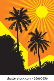 Sunlit palm trees against a backdrop of buildings under the tropical sun, vector illustration