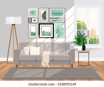 Sunlit room with furniture. Vector apartment background.