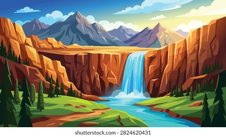 Sunlit Waterfall in Mountain Canyon River Landscape Illustration