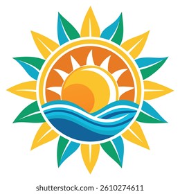 Sunlit Waves Unique Vector Logo Design Featuring the Sun and Ocean Water